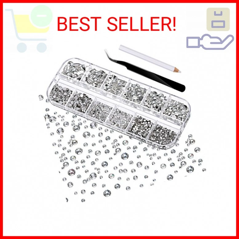 Tecunite 2000 Pieces Flat Back Gems Round Crystal Rhinestones 6 Sizes Clear