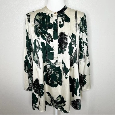 Blusa Top Donna Karan Mujer Marfil y Verde Floral Satén Manga Larga Talla S Foto 1 de 4