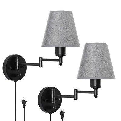 2pcs Modern Swing Arm Wall Lamp Plug in Wall Sconce Fabric Shade for Bedroom - Image 1 of 4