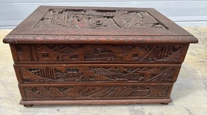 Vintage Ornately Carved Chinese Three Drawer Silver or Jewelry Chest - Picture 1 of 12