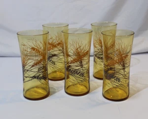 Vtg Elegance Federal Glass Amber Golden Wheat Sheaf Glasses MCM - Set of 5 - Picture 1 of 8