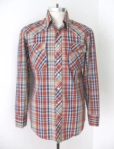 VGC Vtg 70s Rust Blue Plaid Cotton Cowboy Western Rockabilly Shirt Pearl Snaps L - Picture 1 of 6