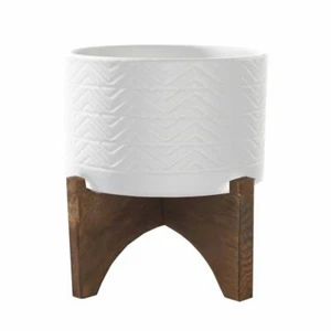 Flora Bunda Mid-Century 5" Wavy Ceramic Planter on Wood Stand - Picture 1 of 4