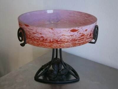 Coupe sur pied Art Déco Pâte de verre Stella Fer forgé 1930 Rose orangé Ancien - Photo 1/4