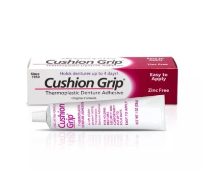 Adhesivo termoplástico para dentaduras Cushion Grip 1 OZ - 100 % impermeable y sin zinc Foto 1 de 3
