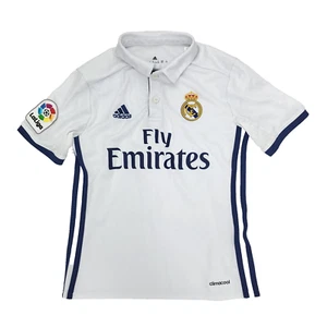 Adidas Real Madrid Polo Shirt Jersey Boys Small White Fly Emirates 2016 2017 - Picture 1 of 12