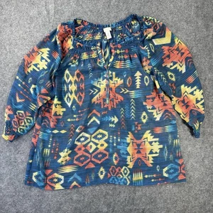 Chicos Shirt Damen 2 blau bunt Aztekenmuster Bauern Boho Tunika Top - Bild 1 von 8