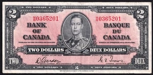 Canada 1937 $2 Two Dollar Rare Banknote Gordon - Towers L/R M/B 0365201 - Picture 1 of 2