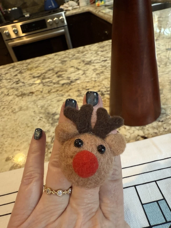 NEW BETSEY JOHNSON Plush Felt Red Nosed Reindeer Stretch Cocktail Ring - Image 1 of 4