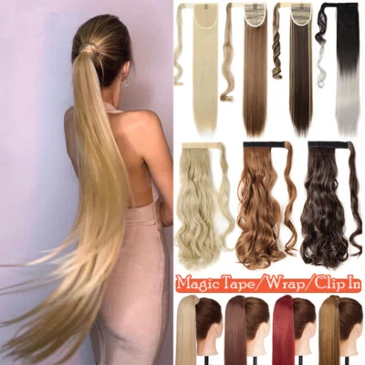 Extra Long Ponytail Clip In Hair Extensions Natural Straight Wrap On Hairpiece - Image 1 of 4