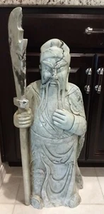 Antique Chinese Guan Gong Guan Yu Stone Sculpture Light Green Onyx Marble 33" - Picture 1 of 12