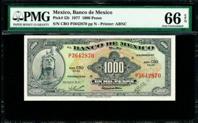 墨西哥 1000 比索 1977 年挑选-52t 宝石 UNC PMG 66 EPQ — 第 1/2 张图片