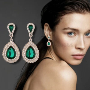 18ct Gold Plated Water Drop Green Cubic Zirconia Long Dangle Earrings Jewellery - Picture 1 of 12