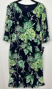 Glamour Midi stretch shift 3/4 ruffle Sleeve & ruffle hem Navy/Green Sz 14 (1186 - Picture 1 of 9