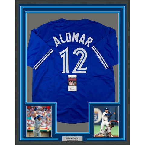 Framed Autographed/Signed Roberto Alomar 33x42 Toronto Blue Jersey JSA COA Cover