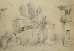 Vintage realist pencil painting landscape town street - Picture 1 of 12