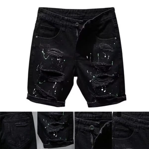 Pantalones cortos de mezclilla negros informales desgastados para hombre con diseño de tinta punteada de moda - Imagen 1 de 72
