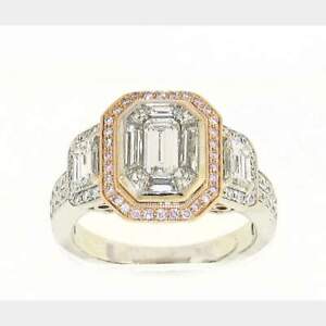 1.98 CT. Natural Emerald Shape Diamond 18K Two Tone Gold Diamond Halo Ring.