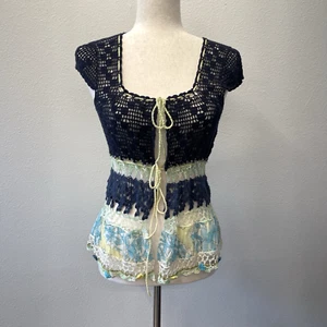 Vtg Free People Y2k Linen Crochet Cardigan Top Womens Size L Blue Floral - Picture 1 of 10
