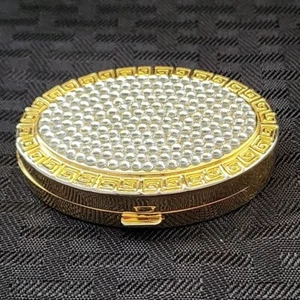 Vintage Pill/Snuff Box 2.5" x 1.75" Gold Tone Bejeweled Design - Picture 1 of 9