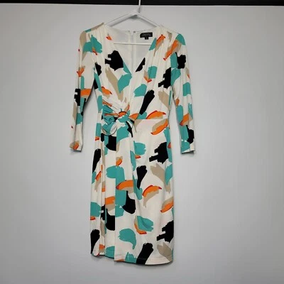 Tahari Arthur S Levine Dress Size 2 Abstract Aqua Orange Cocktail Stretch  - Image 1 of 4
