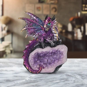 Purple Dragon Guarding Faux Crystal Cave Statue 4"H Fantasy Figurine Room Decor - Picture 1 of 1
