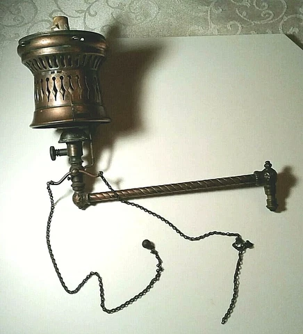 ANTIQUE GASOLIER LIGHT FIXTURE, 2 CHAIN TURN ON, COPPER, REFLEX MARK, PAT.9/08 Cover