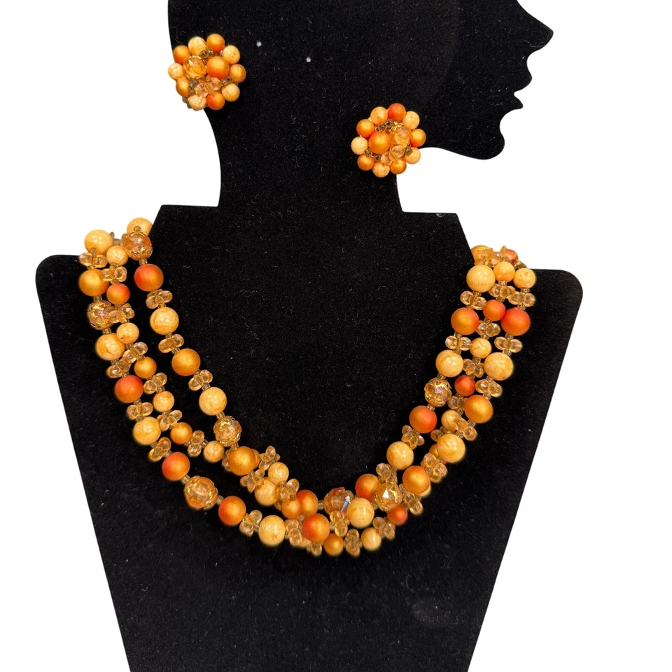 Juego de pendientes de clip de collar con cuentas naranja vintage de Hong Kong oro ámbar Foto 1 de 4