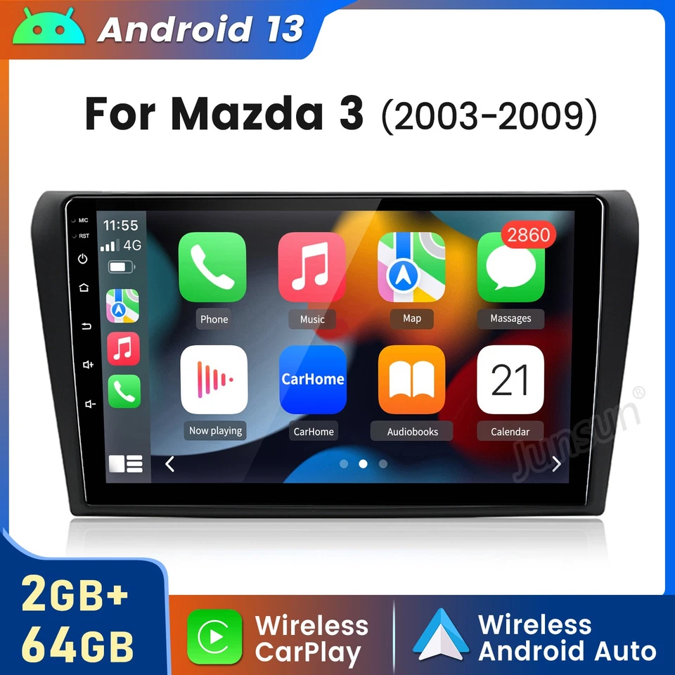 Android 14 2+64G Carplay para Mazda 3 2004-2009 radio estéreo de coche GPS navegación SWC RDS Foto 1 de 4