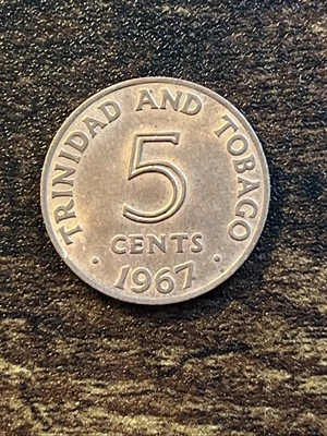1967 Trinidad & Tobago 5 Five Cent Bronze National Arms Actual Coin TB1473* - Image 1 of 2