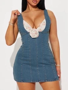 Fashion Nova Dress M Denim Mini Dress with Floral Rose Stretch Bodycon NWT - Picture 1 of 3
