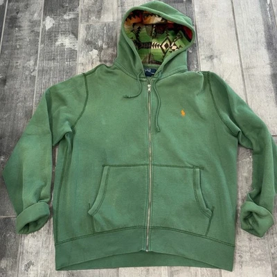 Moletom com capuz vintage polo Ralph Lauren verde zíper completo XL forro com capuz asteca forrado de lã - Imagem 1 de 4