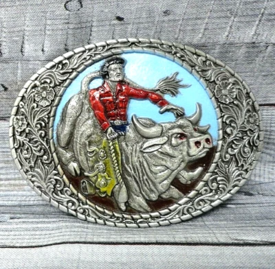 Hebilla de cinturón de vaquero Bull Rider Western Rodeo de colección años 80 Indiana metal artesanal .B126 Foto 1 de 4