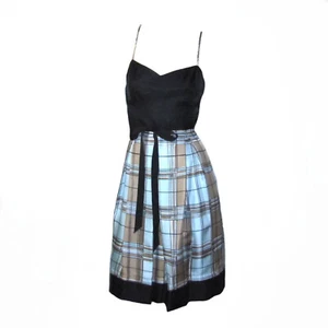 BCBGMaxAzria Women's Silk Dress Size 8 Black Top w/ Blue Brown White Black Plaid - Picture 1 of 9