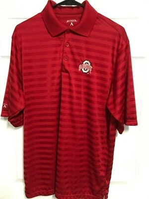 OHIO STATE BUCKEYES Logo Men Red Short Sleeve Stripe Golf Polo Shirt M Antigua - Image 1 of 4