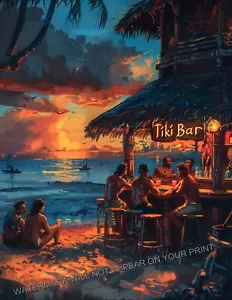 Stampa artistica Tiki Bar spiaggia hawaiana romantica tramonto tropicale metà secolo 8,5X11 - Foto 1 di 2