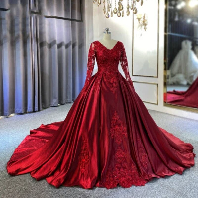 Elegante vestido de noiva vermelho gola V mangas compridas aplique frisado cetim vestidos de noiva - Imagem 1 de 4
