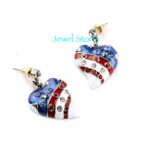 Military Earrings Red, White Blue Military Earrings Love USA Heart Crystals Flag - Picture 1 of 3