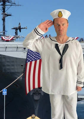 Mens Sailor Complete Outfit + Hat Navy Fancy Dress Officer Marine Seaman Costume - Image 1 of 4