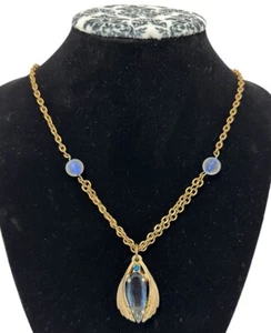 Antique 1920s Blue Gemstone Necklace Dark Aqua Stone - Picture 1 of 9