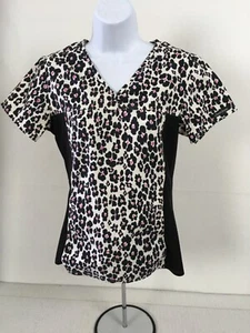 Cherokee Womens Scrub Top Size XS Black White Pink Floral Pockets V neck - Picture 1 of 15