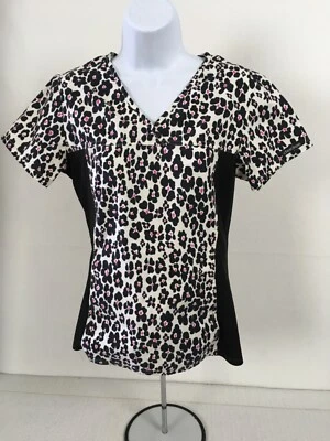 Cherokee Womens Scrub Top Size XS Black White Pink Floral Pockets V neck - Image 1 of 4