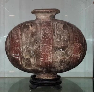 Rare Han Dynasty Neolithic Cocoon Flask Geometric Motifs 206 BC+ Liberty Stand - Picture 1 of 9