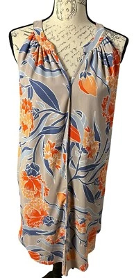 C & E женщин синий серый цветочный гибискус замочная скважина шеи Shift платье Sz L с подкладкой новый - Изображение 1 из 4