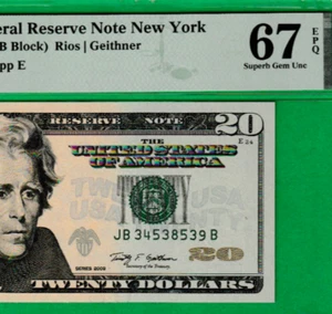 2009 $20 Federal Reserve Note Serial Number JB 34538539 B Fr. 2095-BSO PIMG 67 - Picture 1 of 3