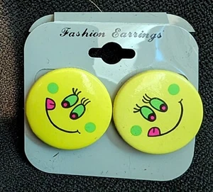 Bright Neon Yellow Smile Face Circle Stud Earrings for Women Plastic Sz 1" diam. - Picture 1 of 2