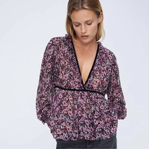 Zara Floral V-Neck Blouse Size M Pink Floral Black Velvet Trim Fairycore - Picture 1 of 16