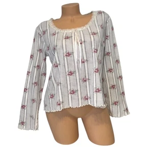 Lauren Ralph Lauren Womens Medium Floral Striped Long Sleeve Top with Lace Trim - Picture 1 of 7