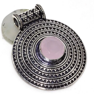 925 Silver Plated-Pink Chalcedony Ethnic Antique Pendant Jewelry 1.8" GW - image 1 of 3