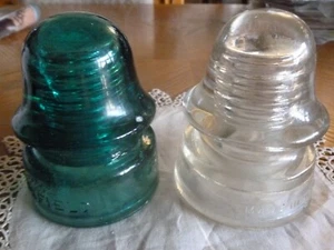 Antique Insulators= 4" Whitall Tatum No.4 (1) Clear,3 3/4" Brookfield, Teal/Aqua - Picture 1 of 17